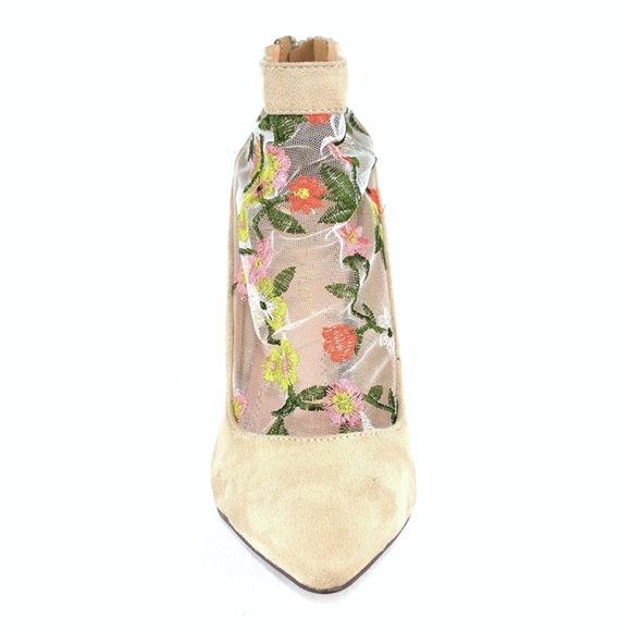 🌸 Nude Floral Embroidered Heeled Back Zip Booties - Picture 4 of 5